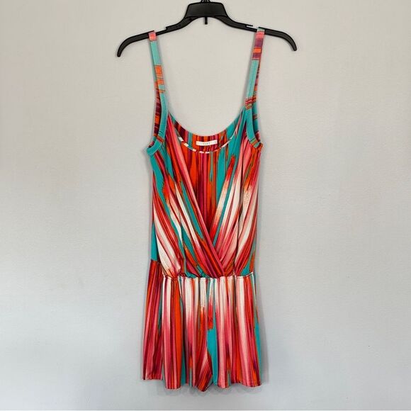 TART | Women’s Orange Teal Sleeveless Striped Romper with Pockets - Picture 1 of 15